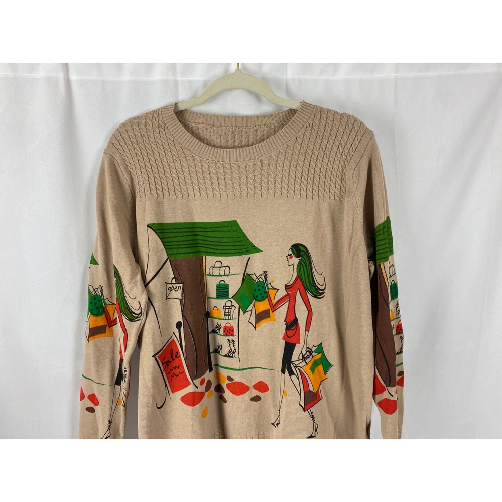 Womens Beige Shopping Scene Graphic Knit Sweater Long Sleeve Crew Neck - Picture 4 of 15